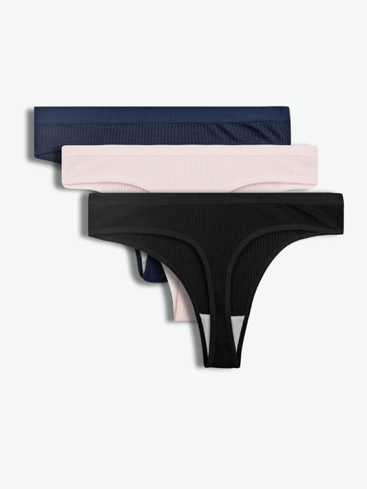 Womens Thong Panties, Pack Of 3, Navy Blue, Pink, Black