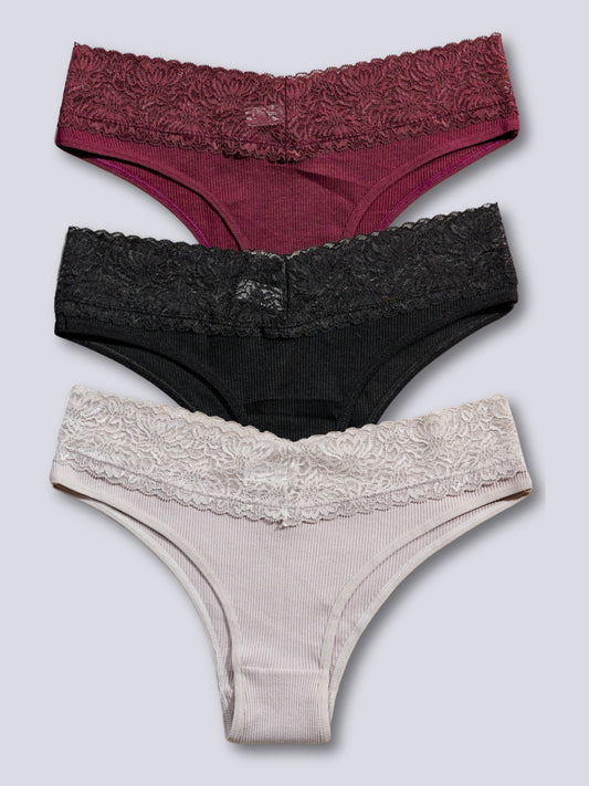 Tom & Gee Womens Underwear Lace Cotton Bikini Panties Soft Thong Panty, Pack of 3, Multicolor