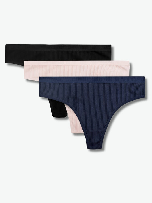 Womens Thong Panties, Pack Of 3, Navy Blue, Pink, Black