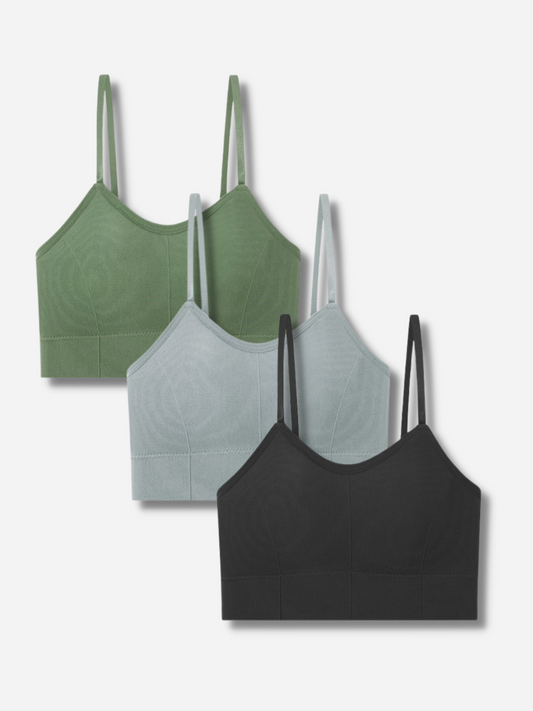 Pack Of 3 Women's Cami Crop Top Bralettes Sports Bra, Pack Of, Green, Gray, Black